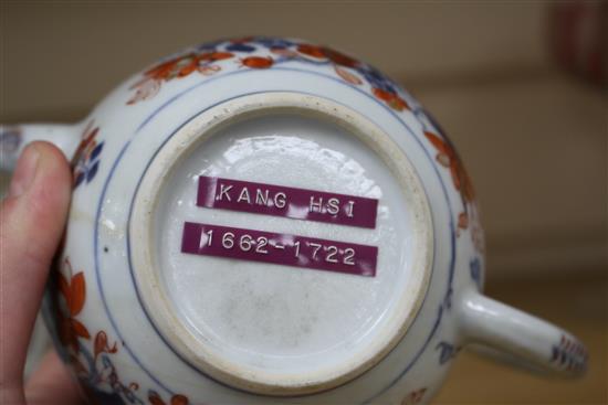 Three Chinese blue and white mugs, Qianlong period and a Chinese Imari teapot and cover, early 18th century tallest 15cm